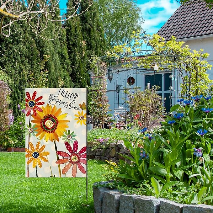 Summer Flowers Garden Flag 12x18 Inch Double Sided,Hello Sunshine Sunflower Daisy Small Yard Flags for Outdoor,Seasonal Decoration for Spring Farmhouse Holiday Outside