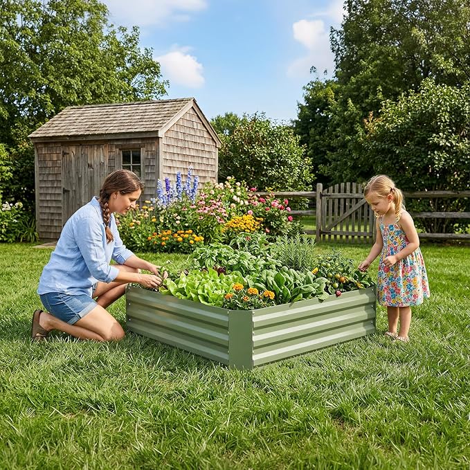 Aoodor 3 x 3 x 1 ft Outdoor Raised Garden Bed, Reinforced Galvanized Steel Planter Box for Vegetables, Flowers, and Fruits, Set of 2