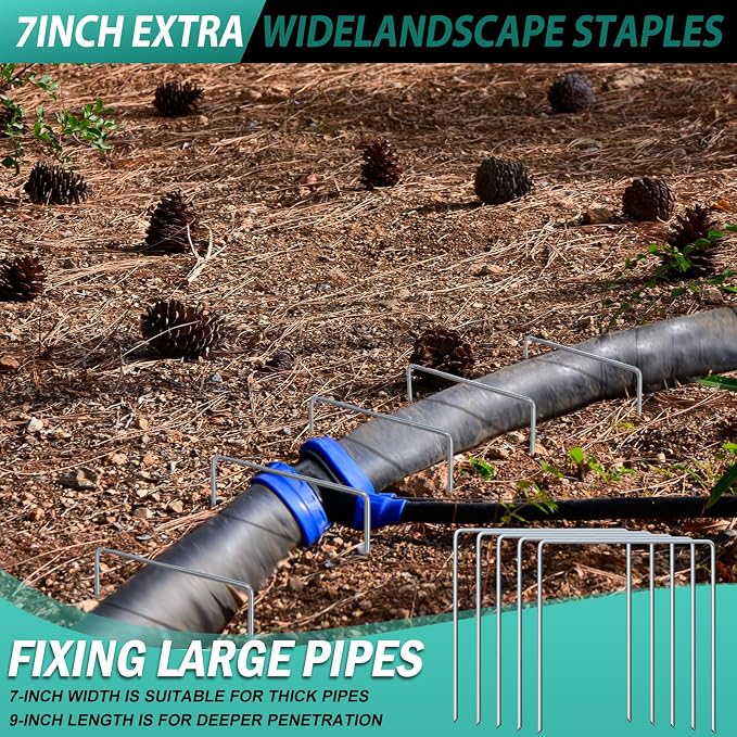 Wonderjune 50 Pack Heavy Duty Wide Landscape Staples, 7 Gauge Galvanized Steel Turf Stakes Garden Stakes Bulk, U Type Anchor for Grass, Securing Weed Barrier Fabric, Pipes, Sod (9"x7")