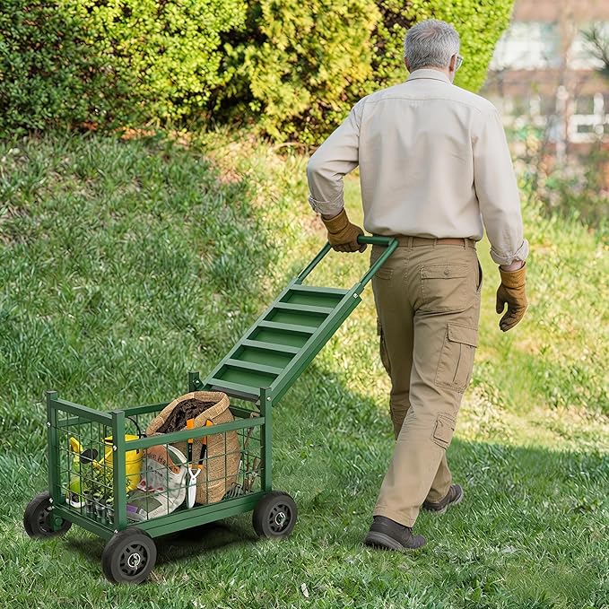 Extra-Large Rolling Garden Work Seat with Wheels, Metal Rolling Gardenning Cart, 500 lb Steel Frame, Large Storage Basket Garden Rolling Stools with Wheels for Seniors, Patio, Green