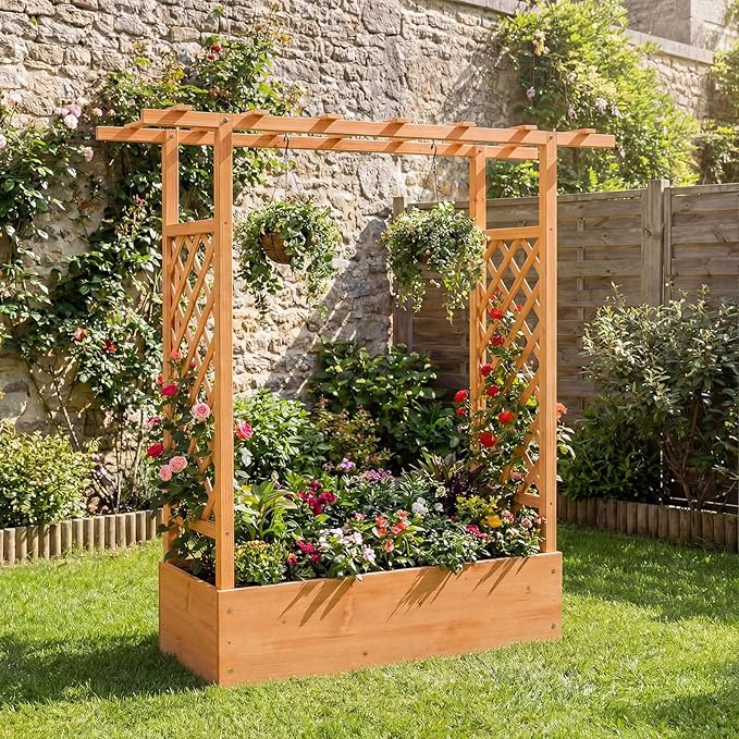 HAPPYGRILL Raised Garden Bed with Trellis & Hanging Roof, 45" Tall Wooden Planter Box with Drainage Holes, Outdoor Wood Elevated Garden Bed for Climbing Plants Vines Vegetables Flowers (Orange,1)