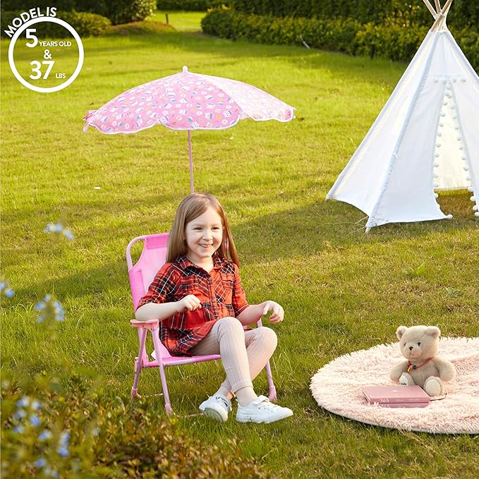 Gabby’s Dollhouse Kids Folding Beach Chair with Umbrella, Outdoor Chair for Girls Ages 3+,Portable, Lightweight, UV Protection - Patio, Pool, Beach Travel Accessory