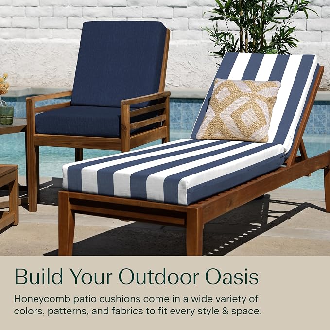 Honeycomb Outdoor Chaise Lounge Cushion for Patio Furniture, Water & Fade Resistant, Removable Cover, 21.5 x 70, Heritage Cabana Stripe Blue and White