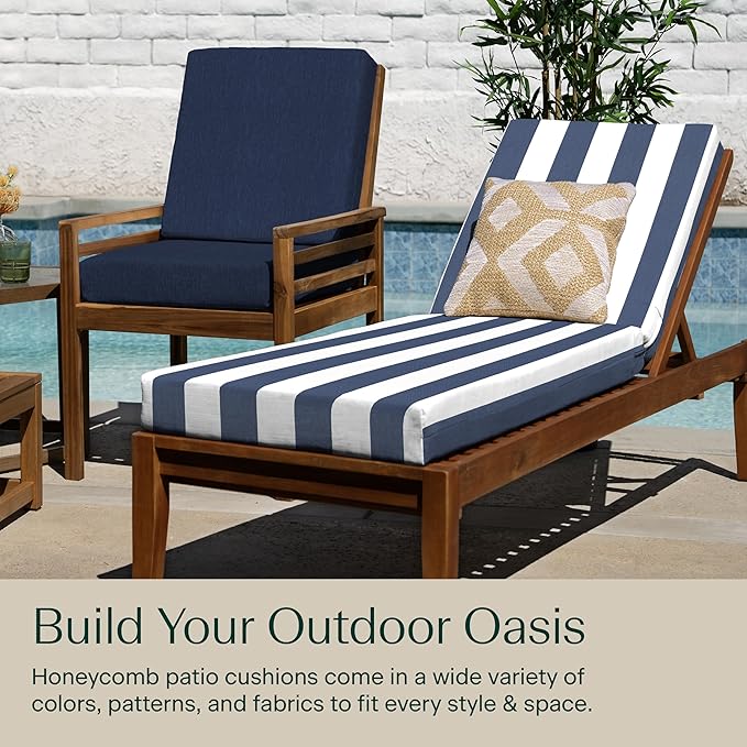 Honeycomb Outdoor Chaise Lounge Cushion for Patio Furniture, Water & Fade Resistant, Removable Cover, 24 x 73, Heritage Cabana Stripe Blue and White