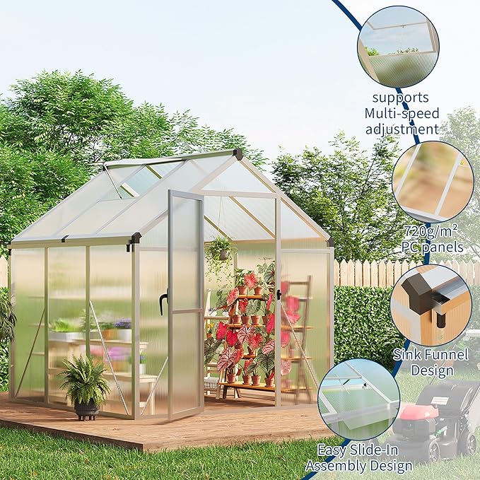 Garvee 6 x 6 ft Greenhouse, Greenhouses for Outside, Polycarbonate Greenhouse with Aluminum Frame, Lockable Door and Ajustable Roof Vent for Backyard, Green Houses for Outside Garden Backyard, Patio