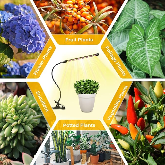 iPower LED Grow Lights for Indoor Plants, Full Spectrum Plant Growing Lamp with Yellow Red LEDs, 10-Level Dimmable, Auto On Off with 6/9/12H Timer, 1 Tubes