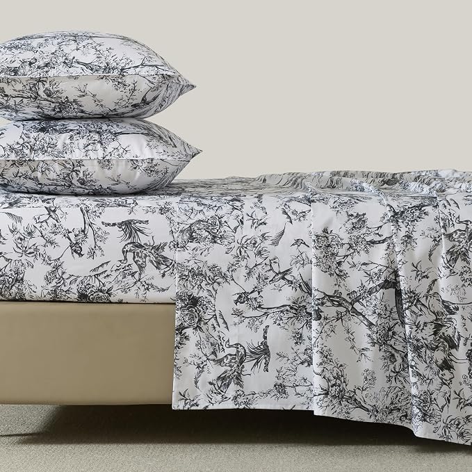 FADFAY Bird Sheets Set Cal King 100% Egyptian Cotton Black and White Toile de Jouy Bedding Vintage Rose Floral Farmhouse Bedding Shabby Botanical French Country Sheet Deep Pocket Soft Breathable 4Pcs