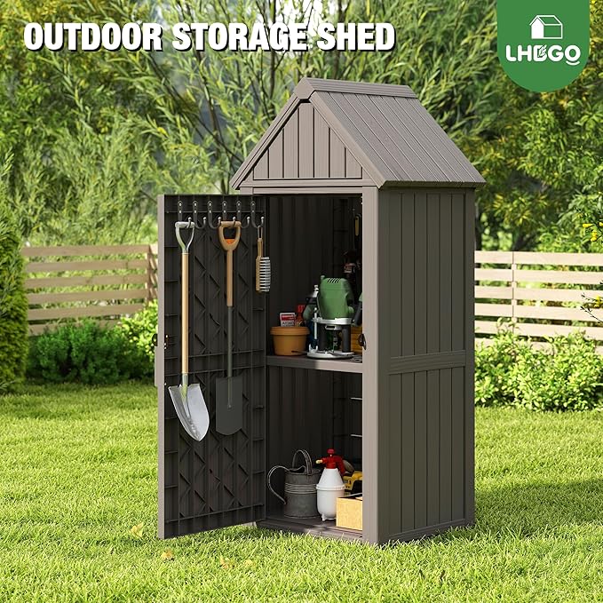 LHBGO Outdoor Storage Shed with Door & Shelf, Large Capacity Weatherproof Garden Tool Cabinet with Multiple Hooks for Backyard, Patio, Lawn（Gray