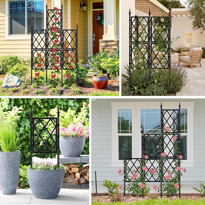5.25FT Garden Trellis Support Fence,Metal Wall Lattice Climbing Frame for Climbing Plants Outdoor, Black Iron Pipe Fence for Potted Plants Indoor for Ivy Vines Vegetable Flower, Patio, Lawn, Yard