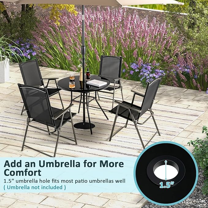 Tangkula 34 Inch Patio Dining Table, Round Tempered Glass Table with 1.5” Umbrella Hole, Heavy-Duty Metal Frame, Outdoor Metal Dining Table for Garden, Balcony, Porch