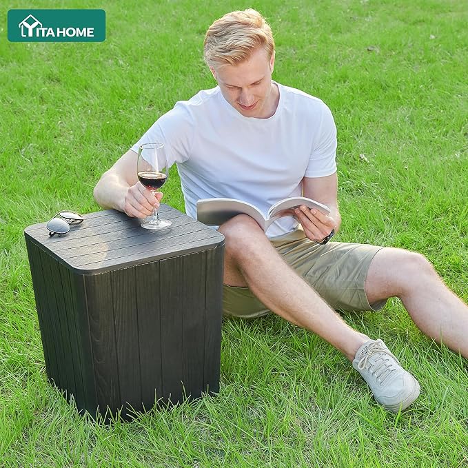 YITAHOME 11.5 Gallon Outdoor Side Table with Storage Small End Table for Coffee, Patio Decor,Cushions(Black)