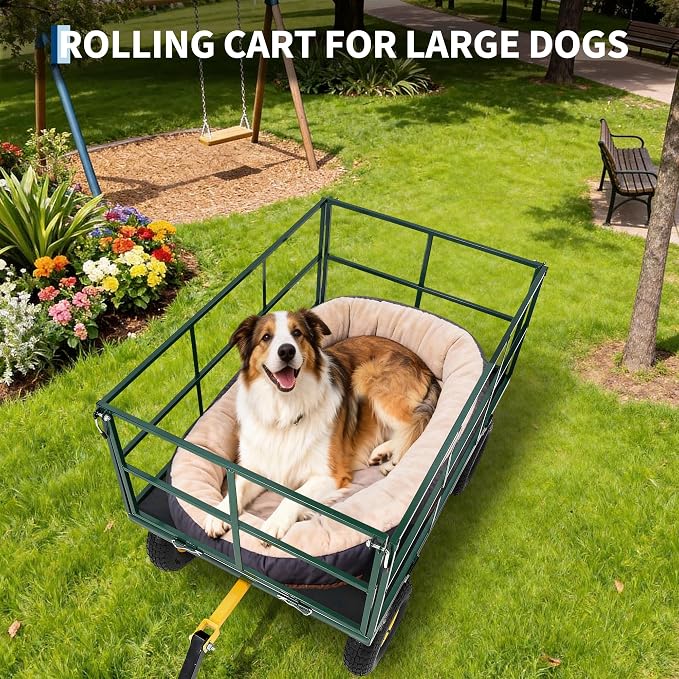 Heavy Duty 1500 Lbs Steel Garden Cart – 3-in-1 Utility Wagon & Trailer with Removable Mesh Sides, 13" All-Terrain Tires, 180° Rotating Handle for Lawn, Yard, Gardening Tasks, Outdoor Hauling