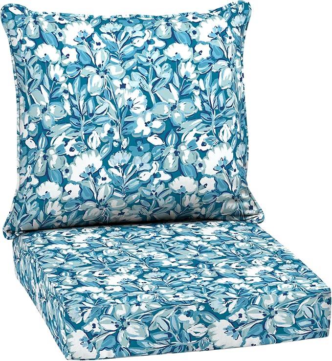 Arden Outdoor Deep Seat Cushion Set, 24 in x 24 in, Patio Cushion for Chair, Sofa, and Couch Aqua Blue Fusion Floral