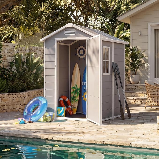 Resin Outdoor Storage Sheds 4x6 ft, Upgraded Double-Wall Outdoor Plastic Shed with Window & Double Doors, Waterproof Lockable Garden Shed (Light Gray, 4 X 6 ft)