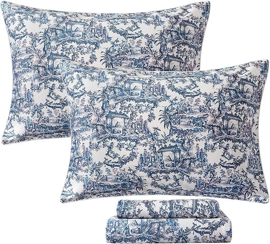 FADFAY Blue Toile Sheets Set Queen French Country Vintage Farmhouse Bedding Exotic Scenic Chinoiserie Floral Bedding 100% Egyptian Cotton Soft Breathable Sheet Set with Deep Pocket Fitted Sheet 4Pcs