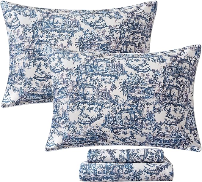 FADFAY Blue Toile Sheets Set Twin French Country Vintage Farmhouse Bedding Exotic Scenic Chinoiserie Floral Bedding 100% Egyptian Cotton Soft Breathable Sheet Set with Deep Pocket Fitted Sheet 4Pcs