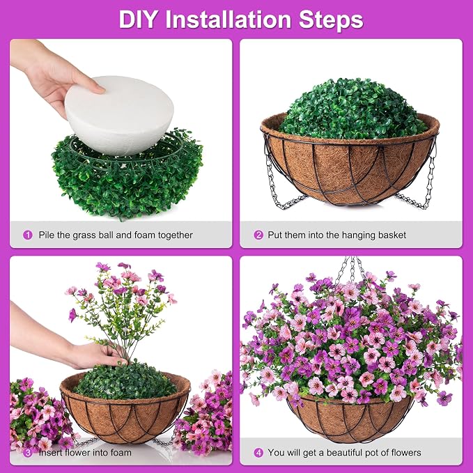 INXUGAO Artificial Silk Flowers Hanging Basket for Outdoor Indoor, Daisy with Eucalyptus Leaves Arrangement for Garden Yard Spring Decor, Faux Green Plant in Metal Coconut Lining Pot(Purple Pink)