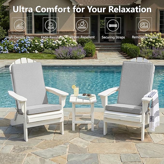 Adirondack Chair Cushions Set of 2 - Removable Covers, Water-Repellent & Fade-Resistant Faux Linen, Securing Straps, Non-Slip Bottom, Fit for Most Outdoor Adirondack & Rocking Chairs - Light Grey