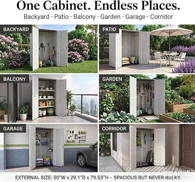 Outdoor Storage Shed 66 cu.ft, Waterproof Resin Vertical Cabinet Double-Layer for Patio Furniture, Garden Tools, Lawn Mower, Pool Accessories, UV Resistant for Yard Balcony – Shelves Not Included