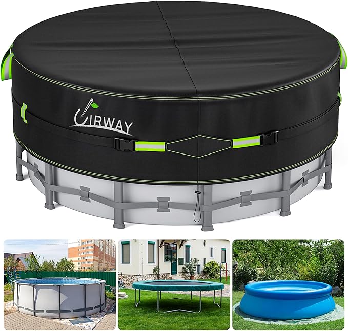 UIRWAY 12 Ft Round Pool Cover with Reflective Strips, Swimming Pool Cover for Above Ground Pools, Solar Cover Including Rope Tie and Luminous Ground Nails, PU Tarp Snug Fit for UV Protected