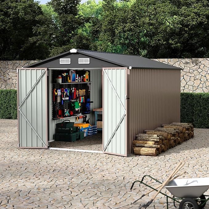 8x12 FT Outdoor Storage Shed, Heavy-Duty Waterproof Metal Tool Storage Shed with Lockable Door, Vents and Sloped Roof for Backyard, Patio