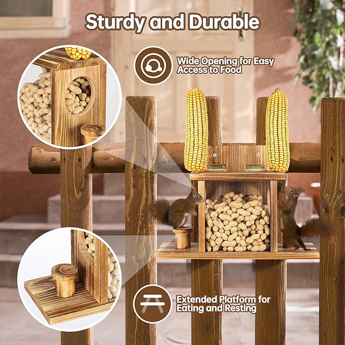 Carbonized Squirrel Feeders for Outside, Funny Chipmunk Feeder, Easy Filling & Cleaning with Removable Front Panel, Durable Outdoor House Box, Attracts Squirrel & Chipmunk