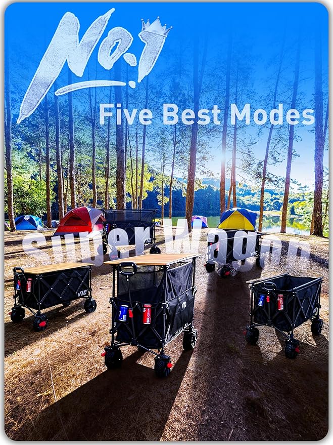 VIC 680lbs Super Cart & Table 1=5 Set, 480L Mega Capacity 54" Extra Long Extra high Folding Wagon, Heavy Duty Collapsible Carts with Brakes, All-Terrain Big Wheels for Camping, Store, Shopping