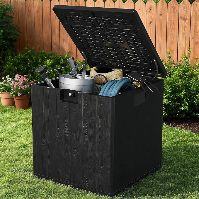 28 Gallon Outdoor Deck Box, Lockable Waterproof Outdoor Resin Box with Lid, Patio Storage Bin for Patio Furniture, Garden Tools, Pool Accessories - Brown