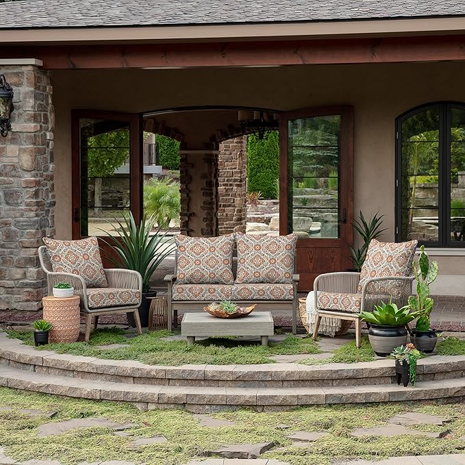 Arden Outdoor Foam Deep Seat Cushion Set (4-Pack), 24x24, Premium High-Density Foam, Never Flattens, Weather-Proof for Patio Chair Sofa Couch, Global Vintage Medallion