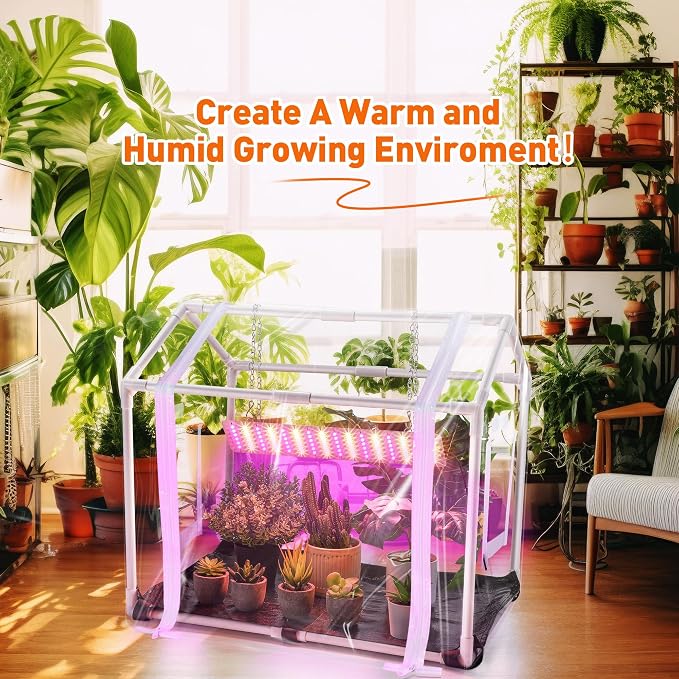 Meonum Mini Greenhouse with Grow Light, 23.6" L x 15.7" W x 19.6" H Portable Greenhouse with Waterproof Bottom Mat, Timer, 3 Light Color Mode for Indoor Outdoor Seed Starter Tray (Mini House Shape)