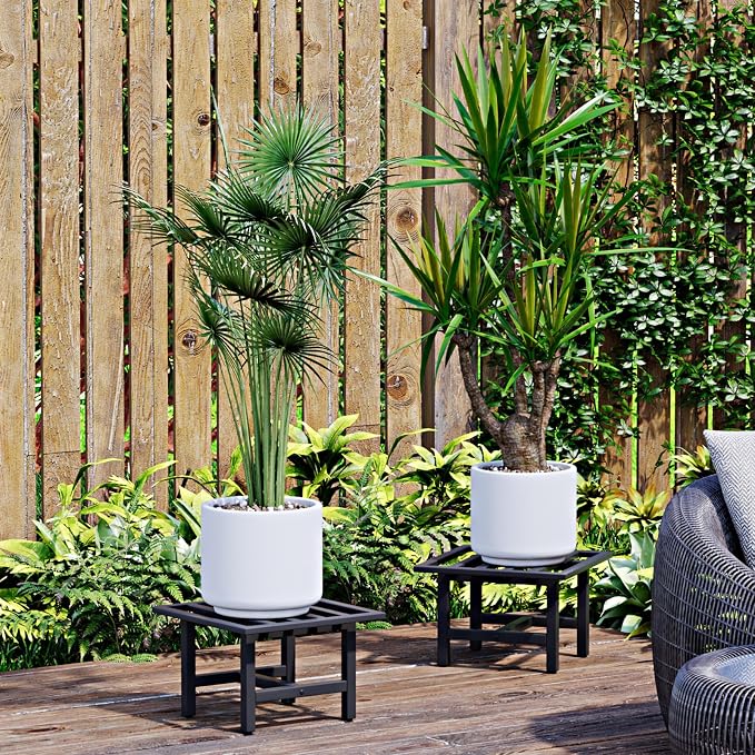 Heavy Duty Metal Plant Stand Outdoor, 330 lbs Wrought Iron Square Plant Stand Indoor, Rustproof Low Pedestal for Large Flower Pots, Patio, Balcony, Garden Decor 2 Pack Black