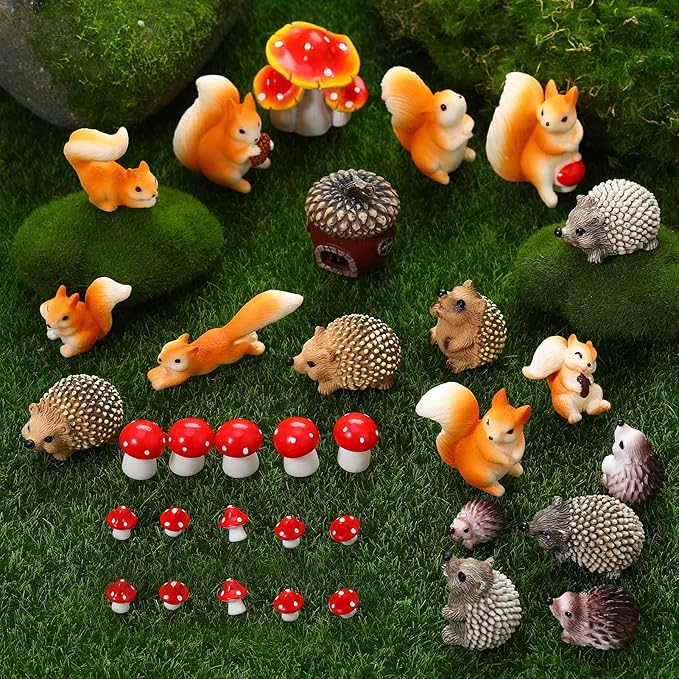 Fairy Garden Accessories, 34 Pieces Resin Squirrel Figures Miniature Garden Ornaments Hedgehog Mushroom Animal Kit for Outdoor DIY Terrarium Potted Plants Dollhouse Desk Decor