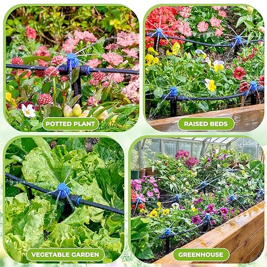 HIRALIY 100FT Drip Irrigation Kit with Garden Water Timer-2 Zone, Automatic Garden Watering System for Raised Bed, Quick Connect Design, Irrigation System for Plant Patio