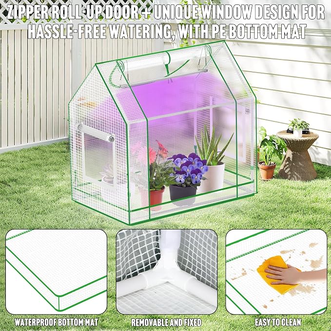 [CareForge] Mini Greenhouse Indoor with Grow Light & PE Bottom Mat, 27.5x19.6x27.1 Tabletop Greenhouse for Seed Starting, Portable Small Greenhouse for Outdoors, Multi-Window & 4 304 SS Labels
