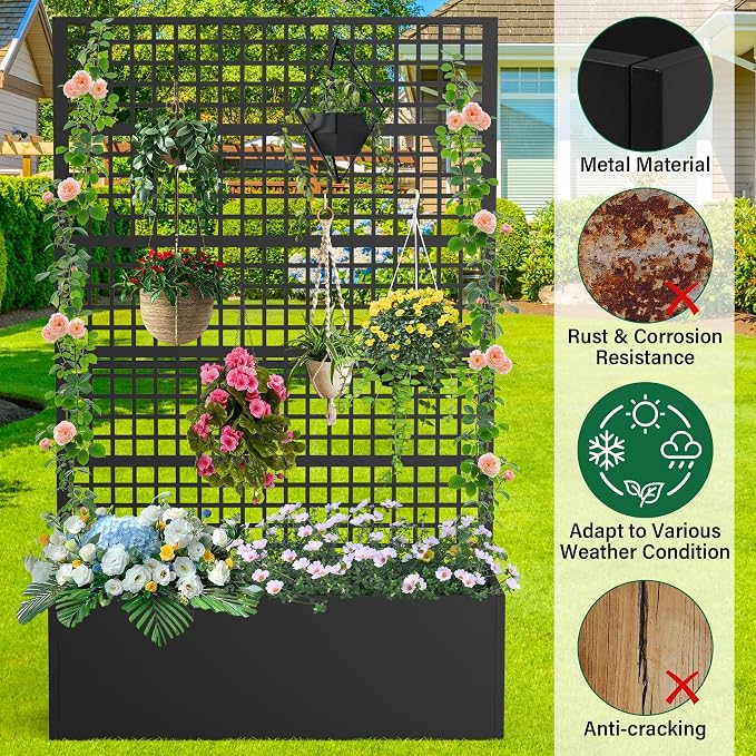 Metal Planter Box with Trellis 47" L x 16" W x 72" H, Raised Garden Bed with Privacy Screen, Privacy Planters for Climbing Plants, Flowers, Vegetables, Fruits