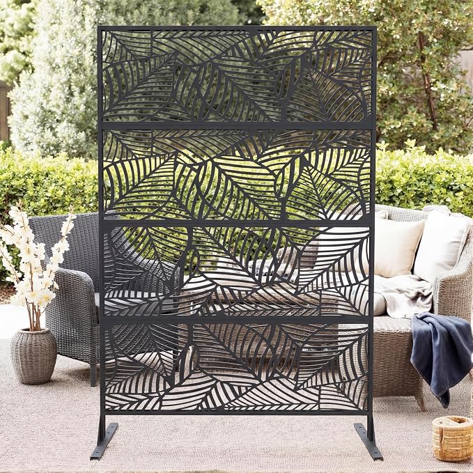 Metal Privacy Screen Outdoor - 71"x46" Freestanding Privacy Panels for Patio, Deck, Lawn & Garden, Weather-Resistant Rustproof Room Divider with Stand