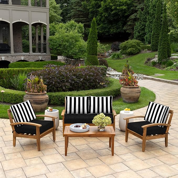 Arden Outdoor Loveseat Cushion Set, 48 x 24, Water Repellent, Fade Resistant, Cushion Set for Couch, Bench, and Swing, Black Cabana Stripe