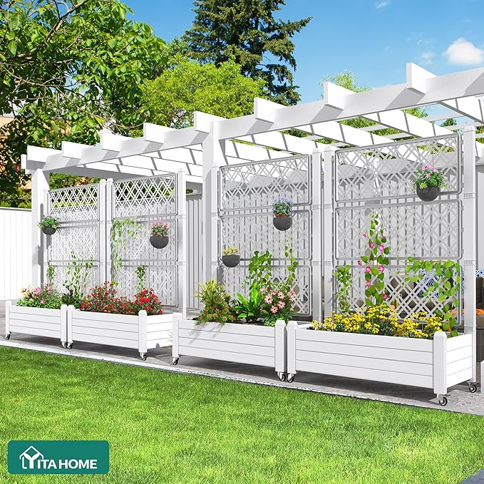 YITAHOME 43.3x17.7x61 in Planter Boxes Outdoor with Trellis, Resin Raised Garden Bed with Wheels & Drain Plug for Climbing Plants, Weather-Resistant Design Elevated Garden Bed with Trellis, White