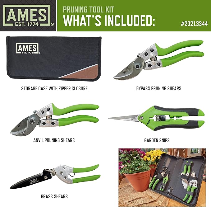 AMES 20213344 4-pc. Pruning Tools Kit with Bypass & Anvil Pruners, Garden Snips, Grass Shears & Canvas Case