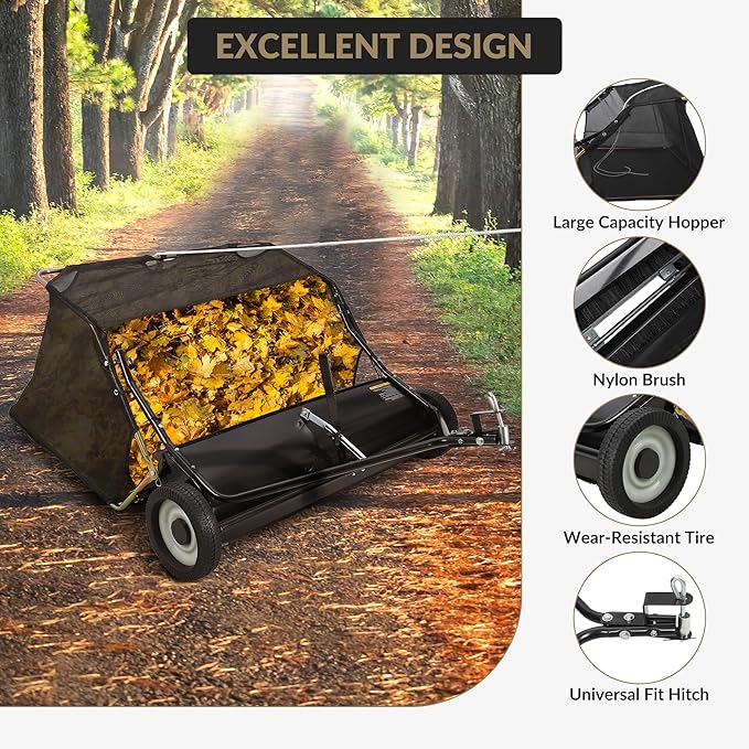 48-Inch Tow-Behind Lawn Sweeper, 12 Cu.ft Large Capacity Leaf & Grass Collector with Universal Hitch, Adjustable Sweeping Height & Easy Dump Rope, Heavy-Duty Yard Sweeper for Tractor ATV UTV