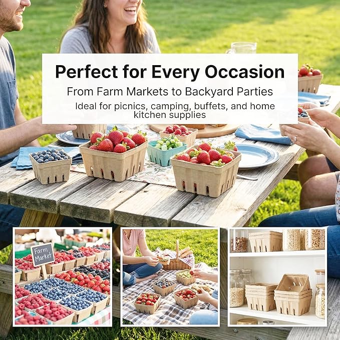30 Pack Natural Pulp Fiber Berry Basket,Small Molded Produce Vented Basket Kitchen Supplies for Strawberry Blueberry Raspberry, Fruit Tray for Fruit Vegetable Farmer Market Grocery (Small)