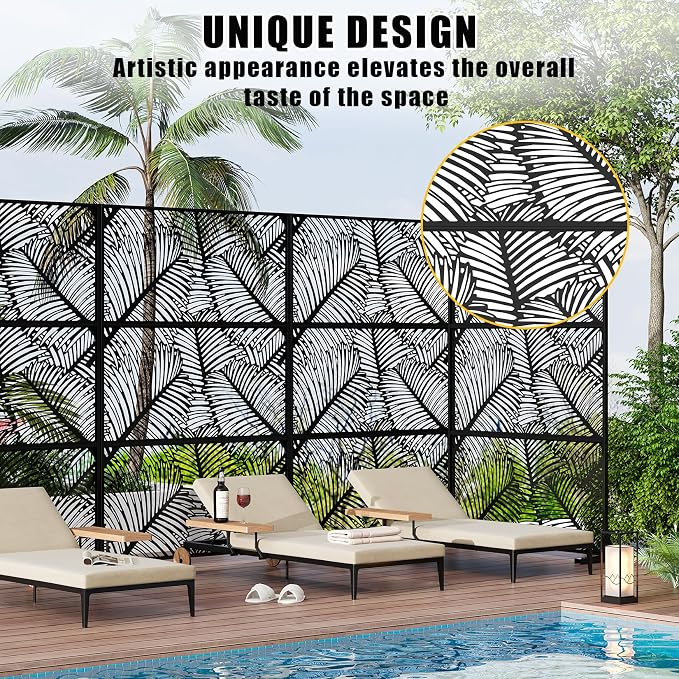 72" h × 47" w Outdoor Privacy Screen, Laser Cut Metal Garden Divider Panel with Tropical Leaf Design, Freestanding Weatherproof Privacy Fence for Patio Deck Backyard Balcony