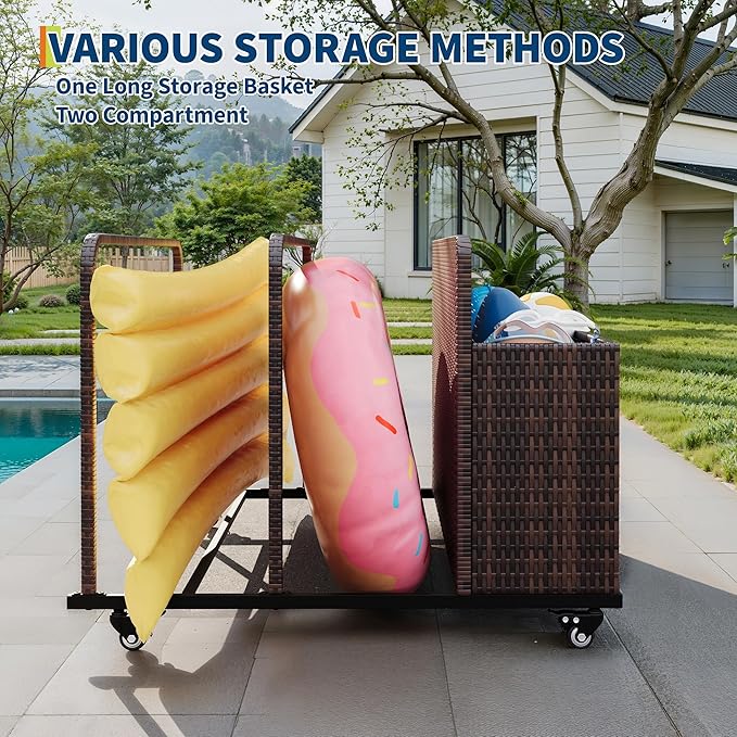 Pool Float Storage Organizer with Rolling Wheels, Outdoor Wicker Rattan Pool Caddy & Toy Storage Basket, All-Weather PE Rattan Holder for Pool Noodles, Life Vests, Beach Balls, Equipment, Patio Deck