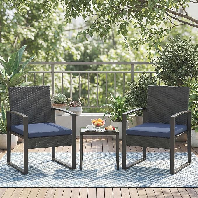 Garvee 3 Pieces Patio Bistro Set, PE Rattan Patio Conversation Set with Tempered Glass Coffee Table, Outdoor Wicker Furniture for Patio Garden Balcony Backyard, Black and Blue