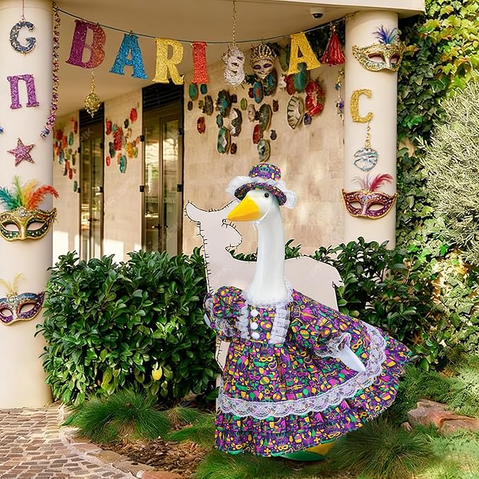 Mardi Gras Goose Outfits for Porch Goose 23" Cement Statue Clothing - Carnival Funny Outdoor Decoration for Patio Yard Lawn