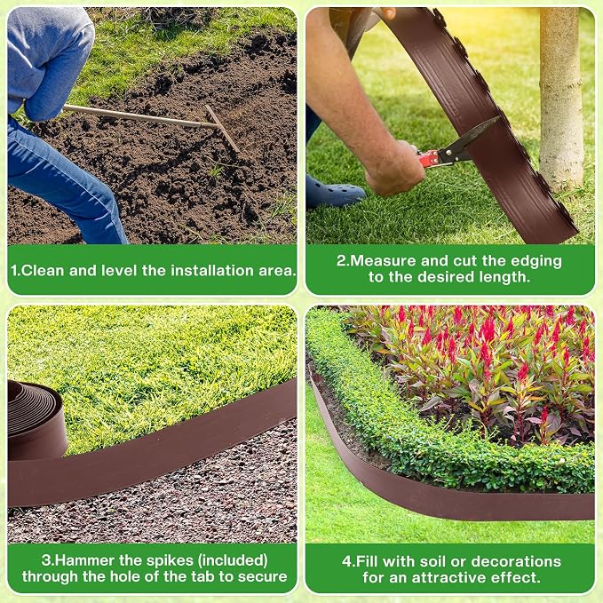 Sasylvia 5'' x 50' Landscape Edging Kit Plastic Garden Edging Border Include 45 Anchoring Spikes for Lawn Garden Grass Yard Home School, Brown