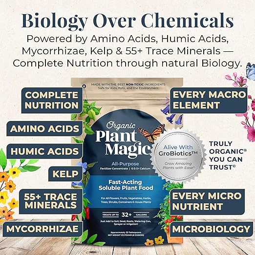 Organic Plant Magic - Fast-Acting Water Soluble Plant Food - All-Purpose Fertilizer Concentrate for Flower, Vegetable, Herb, Fruit Tree, Garden & Indoor Houseplants [One 1/2 lb Bag]