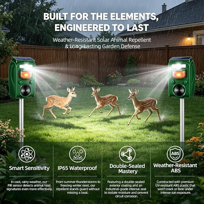 2Pack Upgraded Bird Deterrent Solar Animal Repellent Ultrasonic Outdoor with Motion Sensor Strobe Light for Pigeon Woodpecker Cat Rabbit Raccoon Squirrel Skunk Deer Repellent Devices for Yard Garden