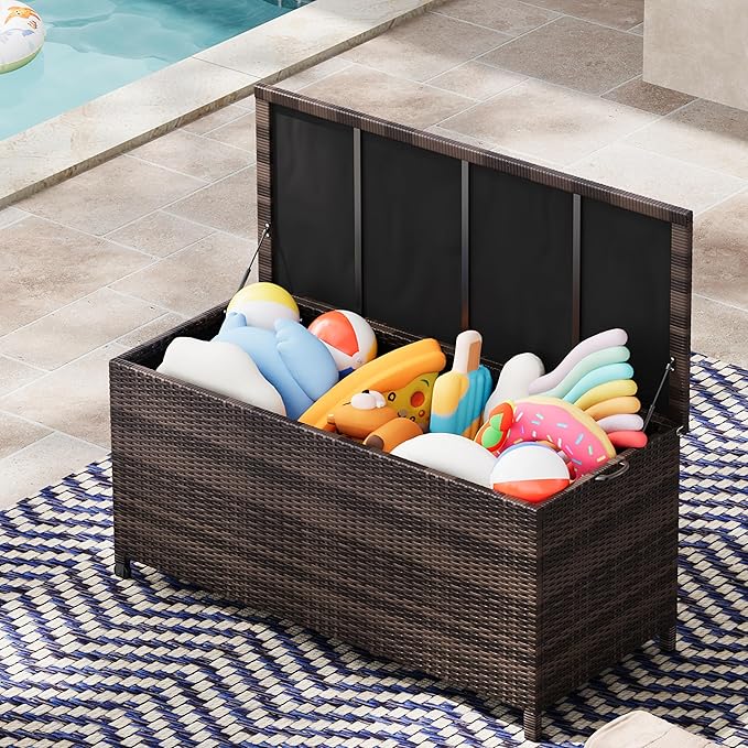 125 Gallon Outdoor Deck Box with Wheels, Waterproof PE Wicker Rattan & Aluminum Frame Storage Bin for Patio Cushions, Garden Tools, Pool Toys, Lockable Patio Furniture(Brown)