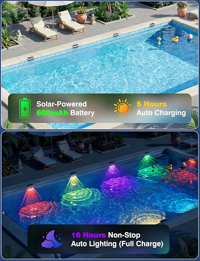 APONUO 8 Pack Solar Pool Lights, Pool Solar Lights for Above Ground Pools, RGB Color Changing, IP65 Waterproof Solar Pool Lights for Inground Pool, Pond, Fountain, Yard